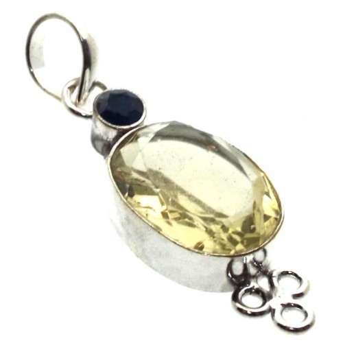 Lemon Quartz and Blue Tourmaline Indian Silver Pendant 01